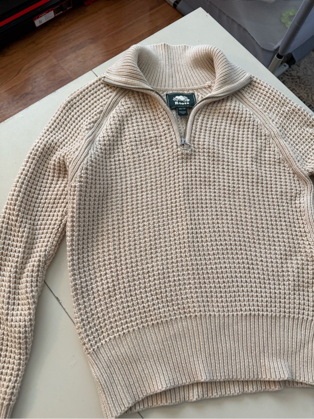 Roots Cream Beige Ribbed Waffle Knit 1/4 Zip Pullover Sweater Heritage Cabin XS - Picture 4 of 7